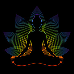 Meditating woman with rainbow aura in lotus pose. Yoga illustration.