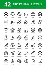 42 Sport simple outline vector icons with football, hockey, soccer, rugby, tennis, moto, bike, baseball and others