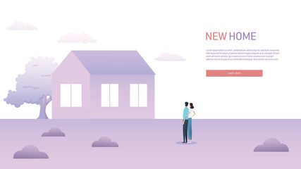 New home, new house owners vector concept with couple looking at new house. Mortgage, loan advertisement and promotion.