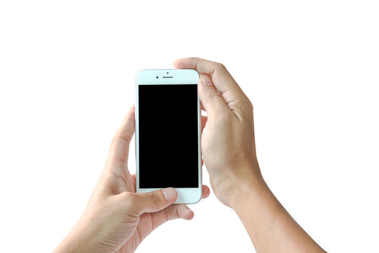 Man hand holding white smartphone with black blank screen. Isolated on white background photo.