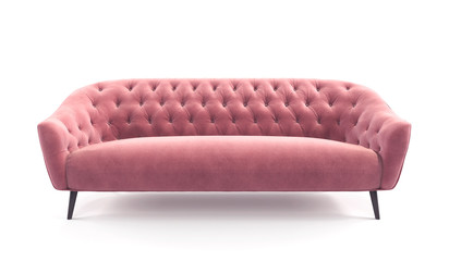 Modern fashionable stylish pink sofa with carriage stitch, buttons, with legs on isolated white background. Furniture, interior object, stylish sofa. Romantic female sofa - obrazy, fototapety, plakaty