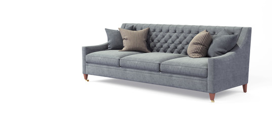 Modern scandinavian classic gray sofa with legs with pillows on isolated white background. Furniture, interior object, stylish sofa