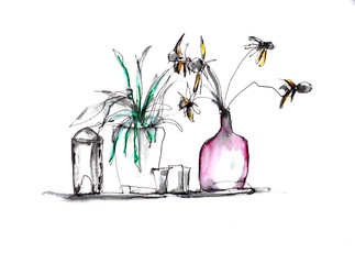 Sketch drawing of flowers in vases still life