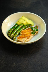 chicken breast and asparagus with sauce (grilled vegetables and poultry meat) diet menu. top food background. copy space