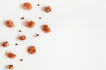 Autumn composition. Pattern made of dried flowers, berries on gray background. Autumn, fall, thanksgiving day concept. Flat lay, top view, copy space