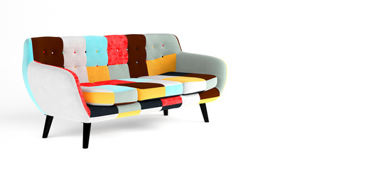 Fototapeta na wymiar Modern scandinavian bright sofa of colorful cloth scraps, patchwork. Sofa with wooden black legs on isolated white background. Furniture, interior object, stylish sofa