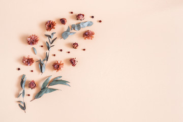 Autumn composition. Pattern made of dried flowers, eucalyptus leaves, berries on beige background. Autumn, fall, thanksgiving day concept. Flat lay, top view, copy space