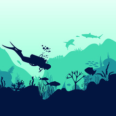Obraz premium Silhouette of fish and algae on the background of reefs. Underwater ocean scene. Deep blue water, coral reef and underwater plants. a beautiful underwater scene; a vector seascape with reef.
