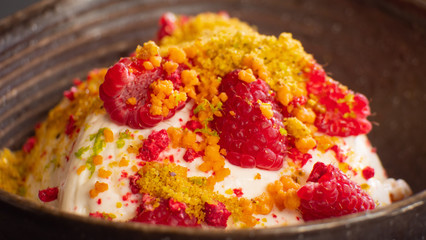 Sweet summer dessert. Ice cream in glass bowl with fresh strawberries, fruits and muffins.