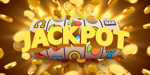 Slot machine with flying golden coins wins the jackpot. Big win concept.
