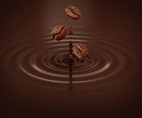 Fresh hot aroma black coffee, espresso, americano 3D splash with flying roasted arabica or robusta coffee beans. Ad poster design, layout on dark background. Liquid drink label, banner design element