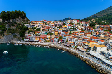 Aerial cityscape view of the coastal city of Parga, Greece during the Summer