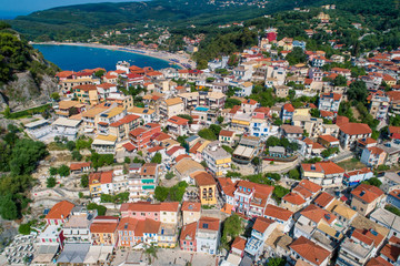 Naklejka na ściany i meble Aerial cityscape view of the coastal city of Parga, Greece during the Summer