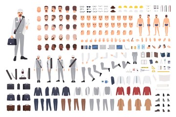 Architect or engineer animation set or constructor kit. Bundle of male cartoon character body parts, emotions, gestures, clothes, working tools isolated on white background. Flat vector illustration.