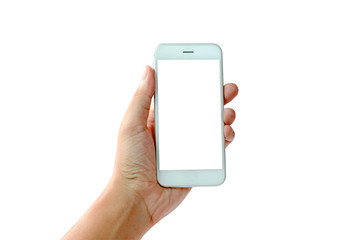 Man hand holding white smartphone with white blank screen. Isolated on white background photo.