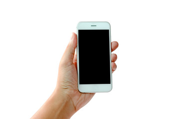 Man hand holding white smartphone with black blank screen. Isolated on white background photo.
