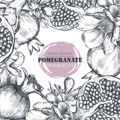 Vector frame of pomegranate fruits, flowers, branches.