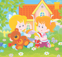 Obraz na płótnie Canvas Small girls playing with toys among flowers on green grass of a front lawn of their house on a sunny summer day, vector illustration in a cartoon style