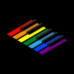 Piano keyboard in rainbow colors on a black background.