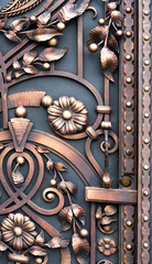 Details, structure and ornaments of wrought iron fence with gate