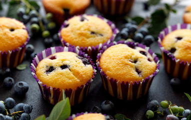Blueberry muffins on a black background, close-up. Homemade dessert