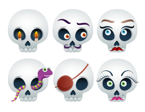 Funny skulls set Halloween vector illustration.