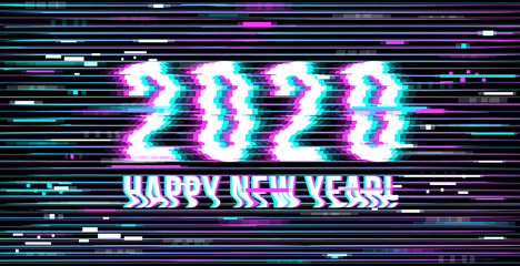 Happy New Year 2020. inscription in a distorted glitch style on a black background. Design element for event advertising, branding, shares, promotion. Vector illustration.