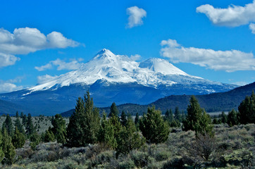 Mt Shasta and smaller Mt Shastina viewed from the Northeast along Highway 97, California 