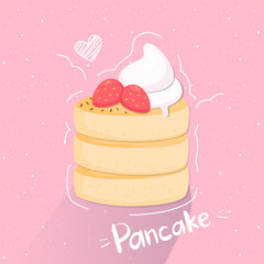 Vector illustration of stack of pancakes with whipped cream and strawberries. - Vector