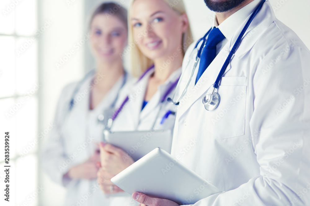 Wall mural A medical team of doctors, man and women, isolated on white background