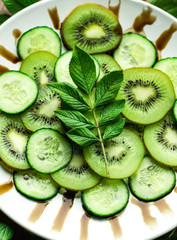 Naklejka na ściany i meble Close-up slices of kiwi and cucumber with leaf on white plate and rustic background
