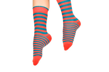 Woman in orange socks isolated on white background. Top view.
