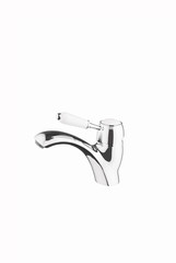 The mixer for the bathroom with a cast izliv and the white handle