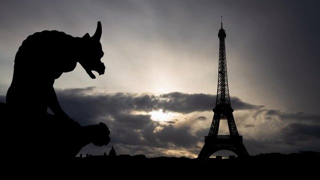 Notre Dame Gargoyle Overlooking Paris with Eiffel Tower, Time Lapse at Sunrise
