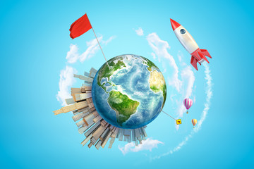 3d rendering of colored earth globe with city buildings, air balloons, red flag and space rocket on blue sky background