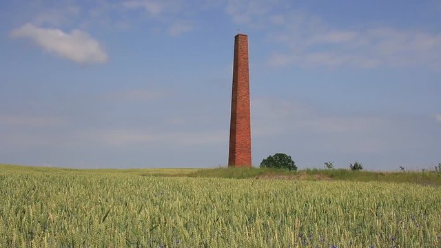 Red Brick Chimney In A Cereal Field.