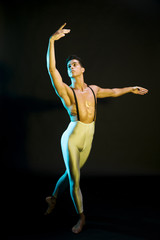 Professional male ballet dancer performing in spotlight