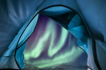 Poster Inside of blue tent camping with aurora borealis flying in the sky © Mumemories