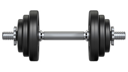 Black rubber metal Dumbbell with shadow. 3d rendering illustration isolated on white background. Gym, fitness and sports equipment symbol