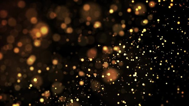 gold shiny sparkling particles move in a viscous liquid. It is bright festive background with glittering particles depth of field, bokeh and luma matte as alpha channel. 4k 3d animation v69