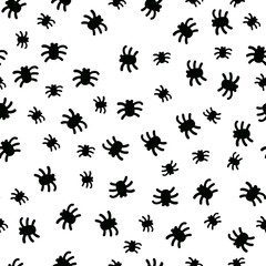 Black spiders seamless pattern for halloween surface decor. Vector small sign of scary insects.
