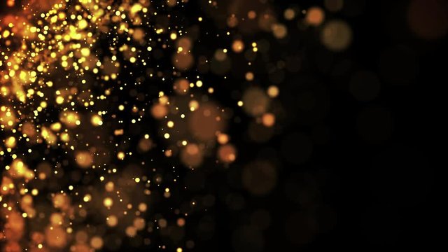 gold shiny sparkling particles move in a viscous liquid. It is bright festive background with glittering particles depth of field, bokeh and luma matte as alpha channel. 4k 3d animation v70