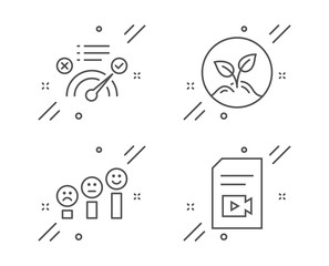 Customer satisfaction, Correct answer and Startup line icons set. Video file sign. Happy smile chart, Approved, Launch project. Vlog page. Education set. Vector