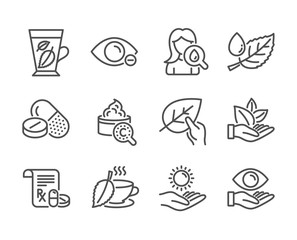 Set of Healthcare icons, such as Moisturizing cream, Collagen skin, Organic product, Myopia, Sun protection, Organic tested, Mint leaves, Leaf dew, Mint tea, Medical prescription. Vector