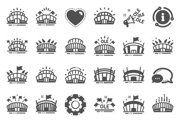 Sports stadium icons. Ole chant, arena football, championship architecture. Arena stadium, sports competition, event flag icons. Sport complex, megaphone or loudspeaker. Quality set. Vector