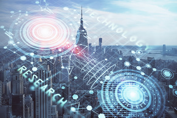 Data theme hologram drawing on city view with skyscrapers background double exposure. Technology concept.