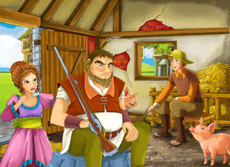 Obraz na płótnie Canvas Cartoon scene with two farmers ranchers or disguised prince and older farmer or hunter and princess in the barn pigsty illustration for children