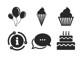 Cake with ice cream signs. Chat, info sign. Birthday party icons. Air balloons with rope symbol. Classic style speech bubble icon. Vector