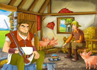 Cartoon scene with two farmers ranchers or disguised prince and older farmer or hunter in the barn pigsty illustration for children