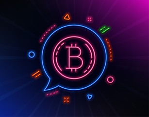 Bitcoin line icon. Neon laser lights. Cryptocurrency coin sign. Crypto money symbol. Glow laser speech bubble. Neon lights chat bubble. Banner badge with bitcoin icon. Vector